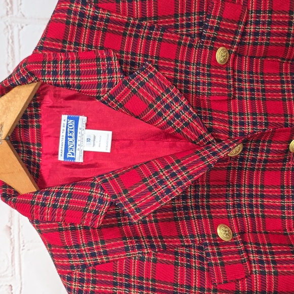 Pendleton 80's Red 100% Wool Tartan Suit Blazer & Pleated Skirt Womens Size 10P - Picture 2 of 15